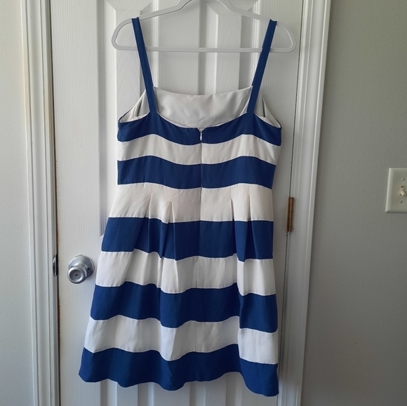 Loft Striped Blue White Mini Sun Dress Size 10 Linen Blend - Picture 2 of 8